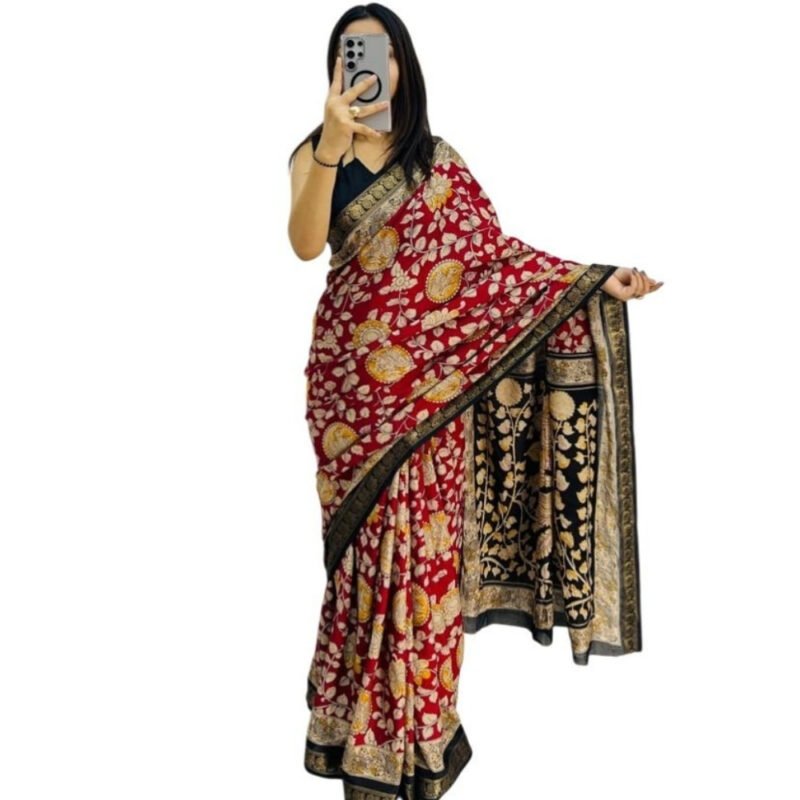 Women's Linen Floral Printed Saree With Unstitched Blouse - 5.5 Mtr (Maroon) - Image 2
