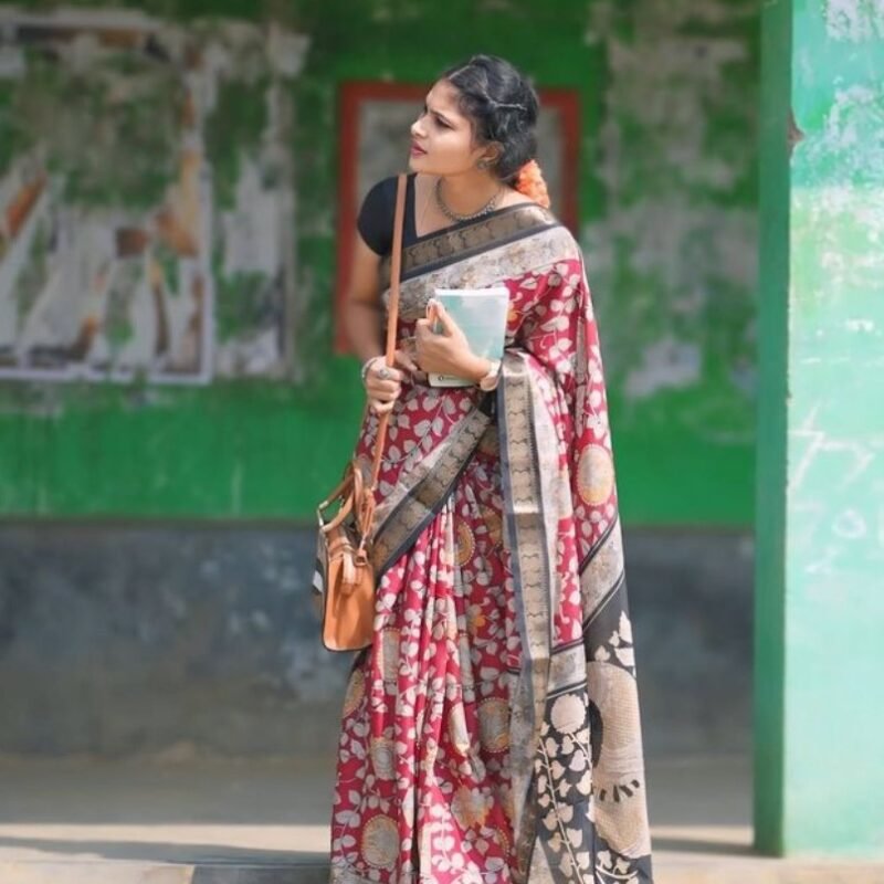 Women's Linen Floral Printed Saree With Unstitched Blouse - 5.5 Mtr (Maroon) - Image 3