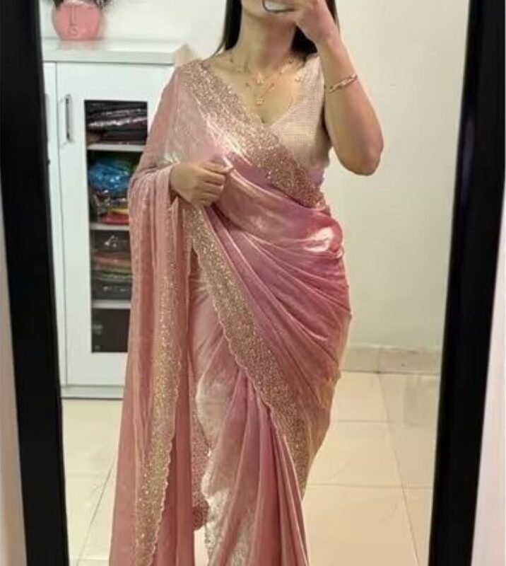 Women's Fendy Chiffon Embellished Saree With Unstitched Blouse - 5.5 Mtr (Peach)