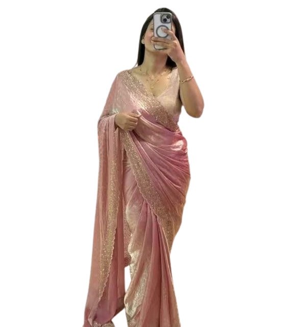 Women's Fendy Chiffon Embellished Saree With Unstitched Blouse - 5.5 Mtr (Peach) - Image 2