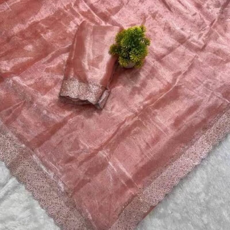 Women's Fendy Chiffon Embellished Saree With Unstitched Blouse - 5.5 Mtr (Peach) - Image 4