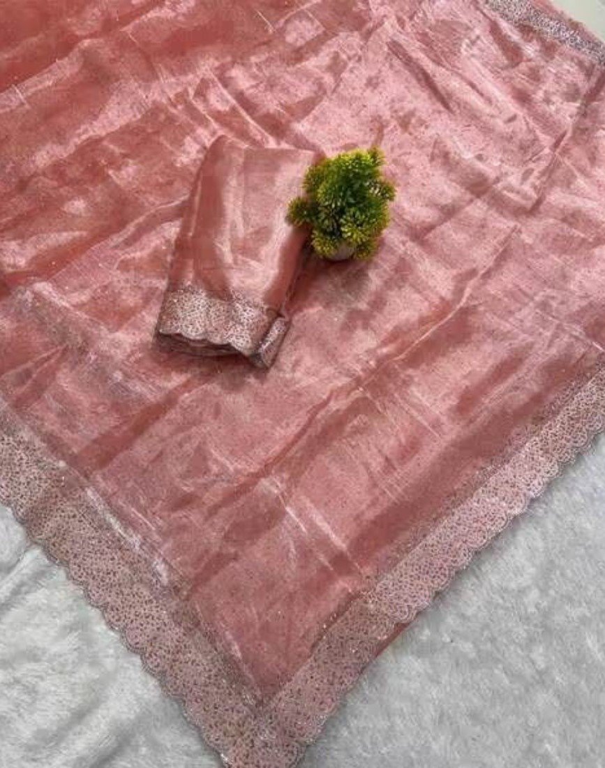 Women's Fendy Chiffon Embellished Saree With Unstitched Blouse - 5.5 Mtr (Peach) - Image 4