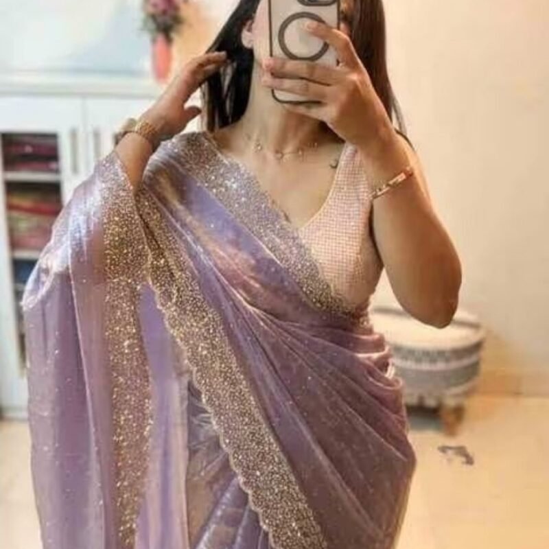 Women's Fendy Chiffon Embellished Saree With Unstitched Blouse - 5.5 Mtr (Lavender)