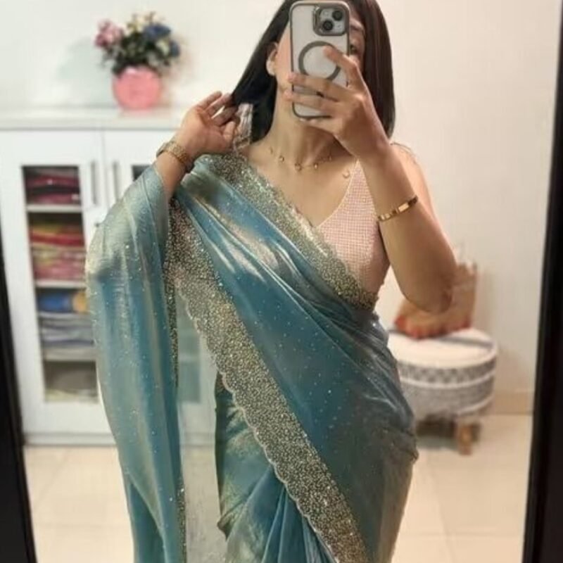 Women's Fendy Chiffon Embellished Saree With Unstitched Blouse - 5.5 Mtr (Sea Green)