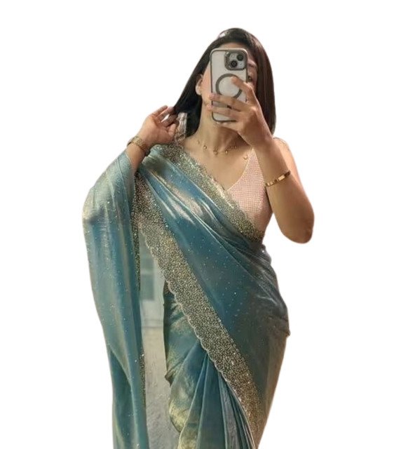 Alternative view of Women's Fendy Chiffon Embellished Saree With Unstitched Blouse - 5.5 Mtr (Sea Green)
