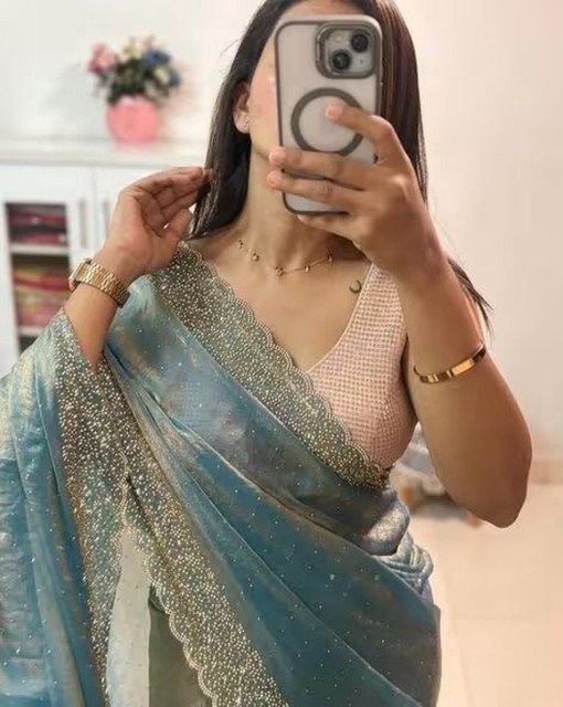 Women's Fendy Chiffon Embellished Saree With Unstitched Blouse - 5.5 Mtr (Sea Green) - Image 3
