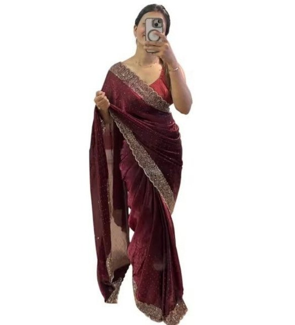 Alternative view of Women's Fendy Chiffon Embellished Saree With Unstitched Blouse - 5.5 Mtr (Wine)
