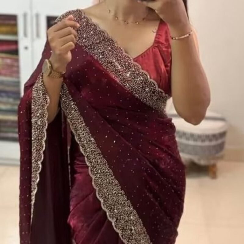 Women's Fendy Chiffon Embellished Saree With Unstitched Blouse - 5.5 Mtr (Wine) - Image 3