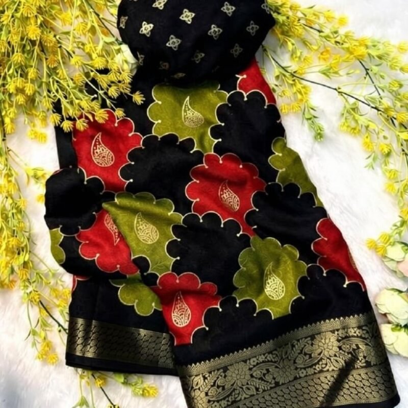 Women's Dola Silk Kalamkari Floral Printed Saree With Unstitched Blouse - 5.5 Mtr (Multicolor)