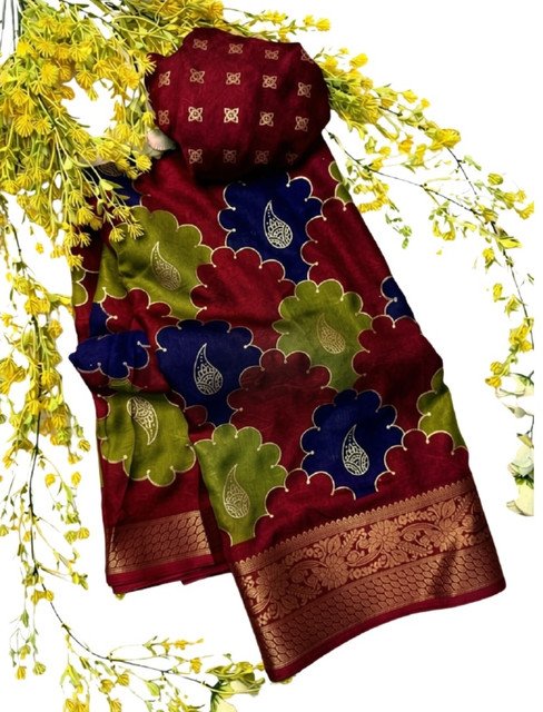 Alternative view of Women's Dola Silk Kalamkari Floral Printed Saree With Unstitched Blouse - 5.5 Mtr (Multicolor)